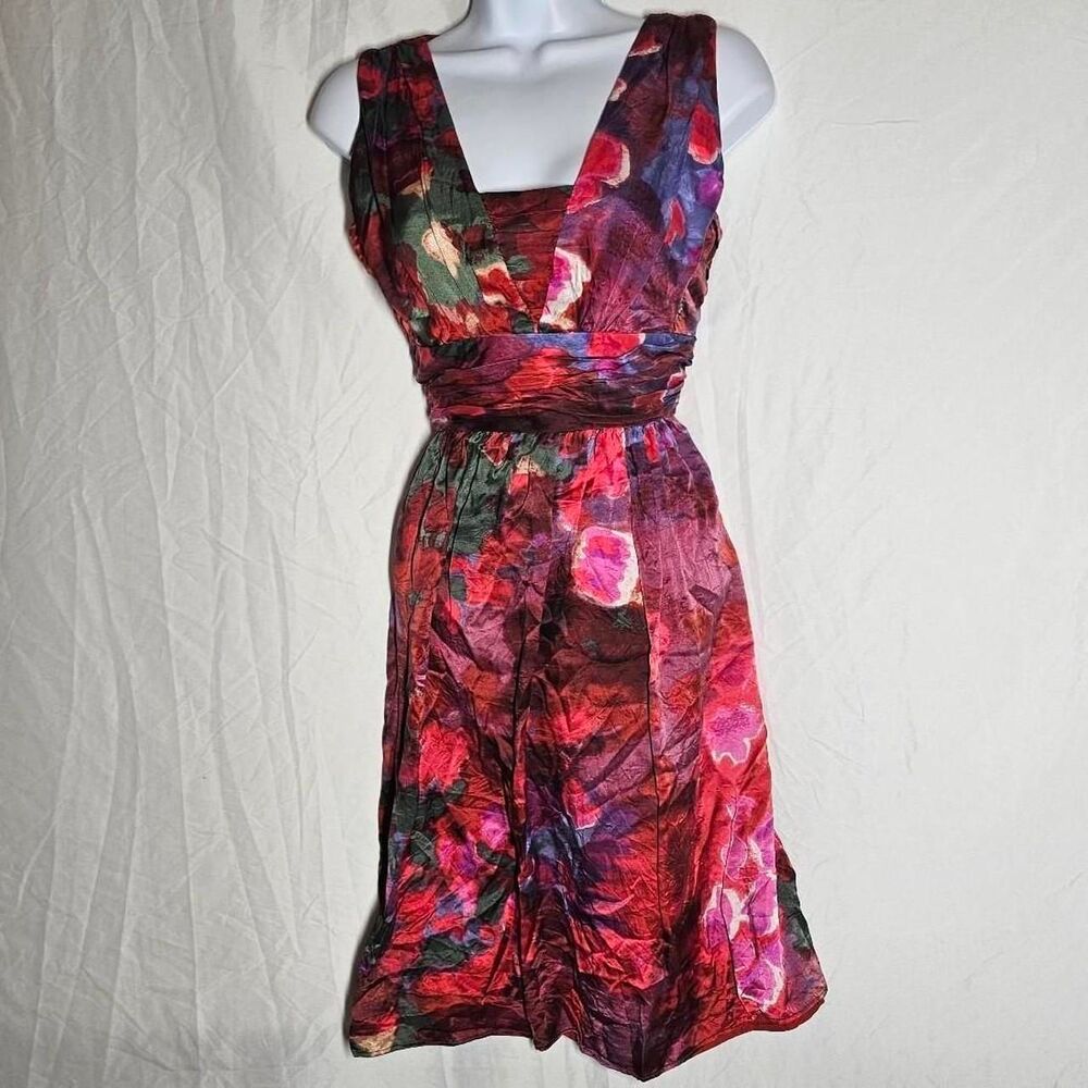 banana republic watercolor pink red silk a-line dress
